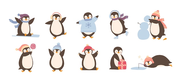 Вектор Связка очаровательных пингвинов в зимней одежде и шапках, изолированных на белом фоне. набор забавных мультяшных арктических животных в верхней одежде. красочная детская векторная иллюстрация в плоском стиле.