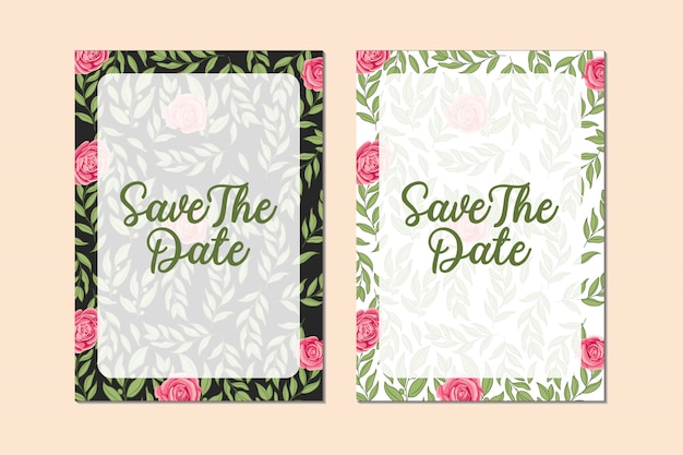 ベクトル バラの花と葉のフレームデザインテンプレートで美しい結婚式の招待カードのバンドル