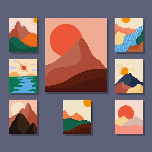 Связка из восьми абстрактных пейзажей, красочных сцен