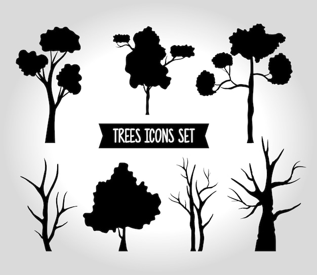 7本の木の森のシルエットスタイルのアイコンとレタリングのバンドル。