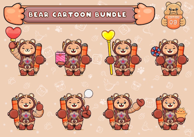 Bundle or pack of cute bear astronaut illustration holding and other things