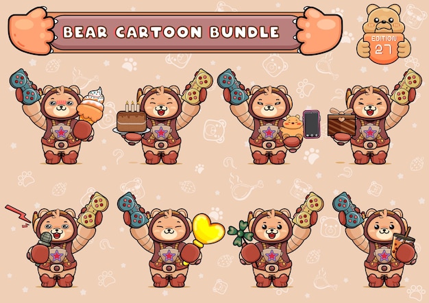 bundle or pack of cute bear illustration in spacesuit holding a game pad and other things