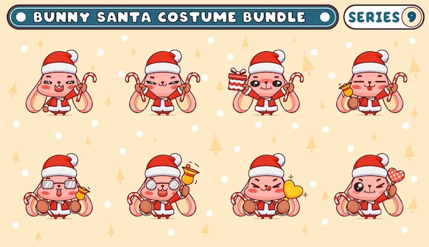 Vector bundle or pack of cute bunnies in santa claus costumes, holding candy cane and other thing