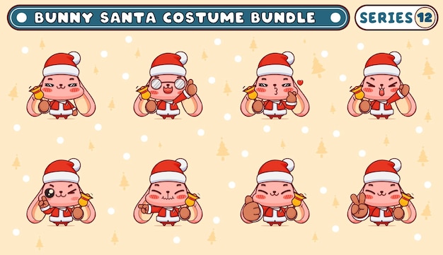 Vector bundle or pack of cute bunnies in santa claus costumes, holding golden little bells