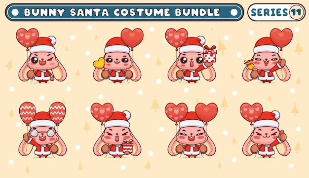 Vector bundle or pack of cute bunnies in santa claus costumes, holding red hearth shape balloons