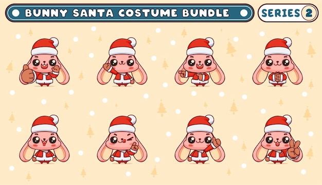 Vector bundle or pack of illustrations of cute bunnies in santa claus costumes, pointing to somewhere