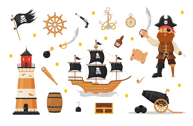 Bundle of pirate items. Man in pirating costume, lighthouse, flag, saber, ship, treasure chest.