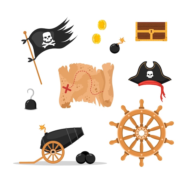 Pacchetto di oggetti dei pirati. collezione pirateria in stile cartone animato