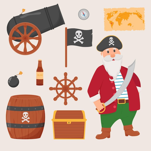 Vector bundle pirate set bundle pirate treasure map rum ship wheel anchor barrel bomb