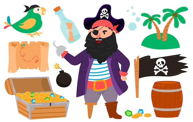 Bundle pirate set isolated on white background bundle pirate treasure map bomb chest etc