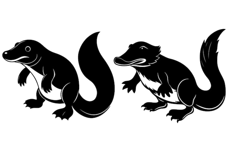 Vector bundle of platypus cartoon cutout style black and white color silhouette clipart illustration