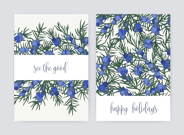 Bundle of postcard templates with juniper berries and leaves on white background and holiday wish