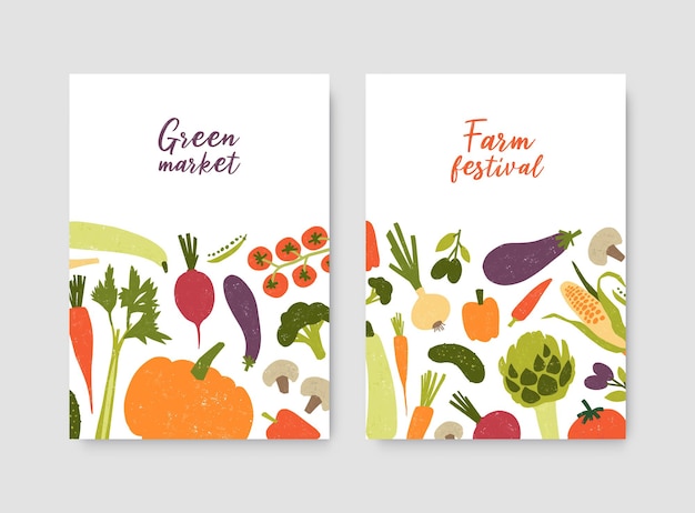 Vector bundle of poster or flyer templates with fresh organic locally grown vegetables and place for text on white background. vector illustration for farm festival, green market, grocery shop advertisement.