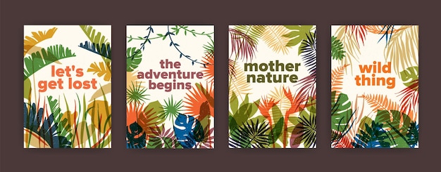 열대 정글 식물의 다채로운 반투명 잎과 영감을 주는 슬로건이 있는 포스터 템플릿 번들. 이국적인 야자수의 밝은 색 단풍이 있는 전단지 세트. 현대 벡터 일러스트 레이 션.