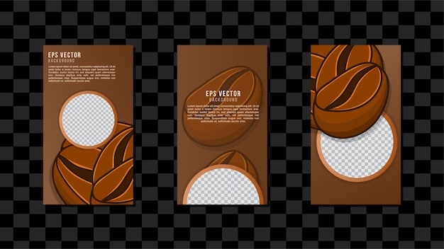 Bundle of round highlight stories covers. Vector layouts kit with coffee take away cup, coffee bean