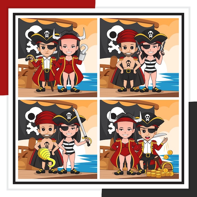 Набор карикатурных иллюстраций пиратского мальчика и девочки