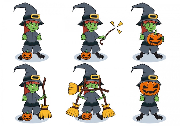 Bundle set illustration of halloween witch character with different activities