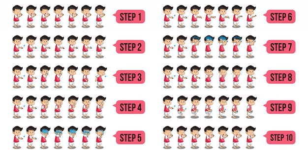 Vector bundle set illustration of a muslim characters who are performing wudu with step by step