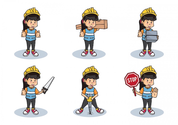 Vector bundle set illustration of woman construction workers collection or professional safety girl character with different activities.