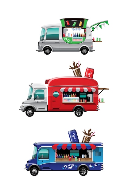 차가운 음료 카운터가있는 음식 트럭 측면보기 번들 세트, 흰색 배경, 그림에 차 위에 모델