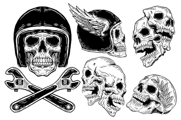 Bundle Set Skull Helmet Rider Road Fast Dark illustration Devil Demon Horror Skull Head Hand drawn Hatching Tattoo Merchandise Tshirt Merch vintage