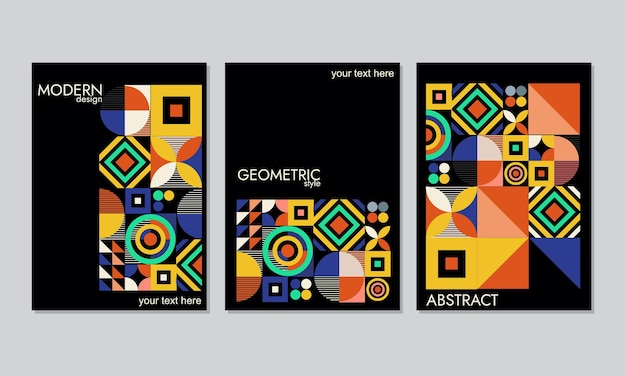 Vettore set di bundle, disegno di sfondo geometrico di tre colori neri, con dimensioni della copertina. mosaico astratto retrò