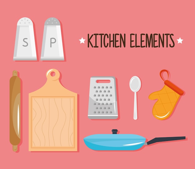 Pacchetto di sette utensili da cucina impostare icone e lettering illustrazione design