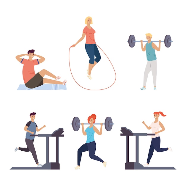 Bundle of six persons practicing fitness sports characters  illustration design