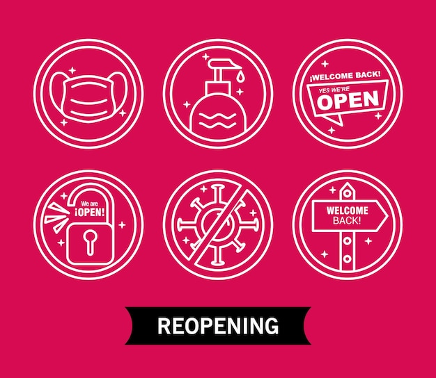 Bundle of six reopening labels set line style icons and lettering