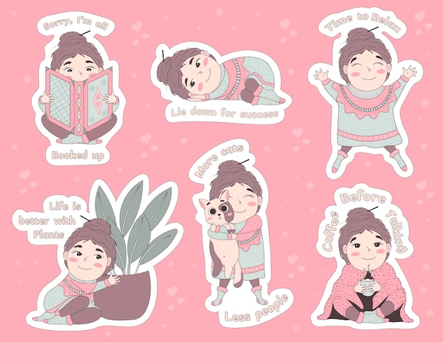 Vector bundle of stickers with a cute girl in a voluminous ugly hygge sweater