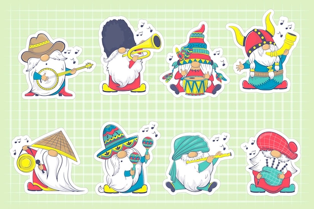 Bundle of stickers with Gnomes Playing Instruments from Diverse Cultures