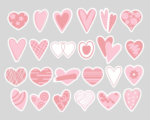 Vector bundle stickers with pink hearts valentines day set cute hand drawn hearts for planner diary