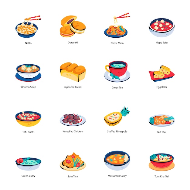 Vector bundle of traditional cuisines flat icons