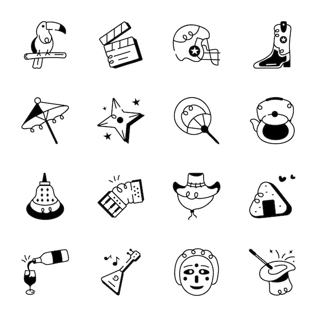 Bundle of traditional objects hand drawn icons