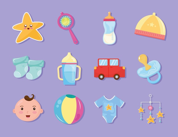 Bundle of twelve baby shower celebration icons  illustration design