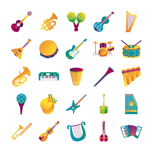 связка из двадцати пяти музыкальных инструментов набор иконок векторные иллюстрации дизайн