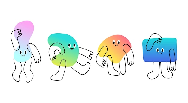 Bundle of various bright characters in the style of doodle Abstract creatures with arms legs