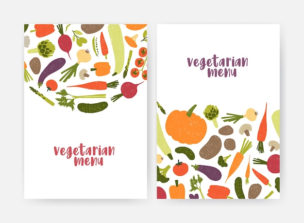 Vector bundle of vegan menu cover templates decorated with tasty natural fresh raw vegetables and mushrooms