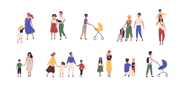 Vector bundle of walking families. collection of mothers, fathers and children spending time together. set of strolling parents and kids isolated on white background. flat cartoon vector illustration.