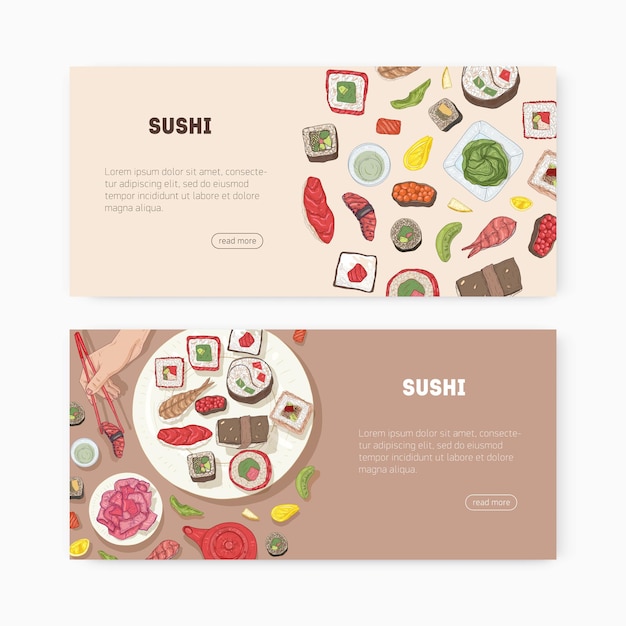 Vector bundle of web banner templates with japanese food and hands holding sushi, sashimi, rolls with chopsticks and place for text. vector illustration for asian restaurant promotion, advertisement.