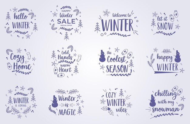 bundle of winter quotes illustration lettering vector printing design