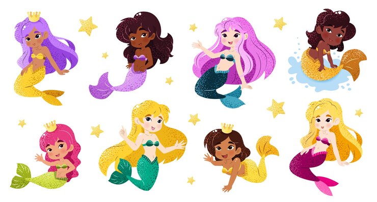 Bundle with kawaii mermaids Isolated illustrations on a white background with funny magical creature