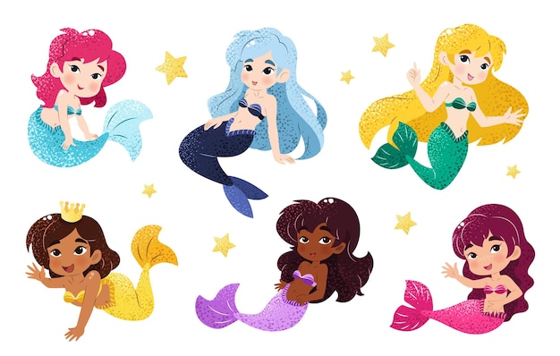 Bundle with kawaii mermaids Isolated illustrations on a white background with magical creatures