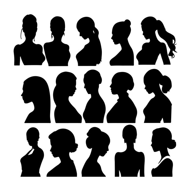 Vector bundle of woman side face with diffrent hair styles silhouette isolated on white background vectors