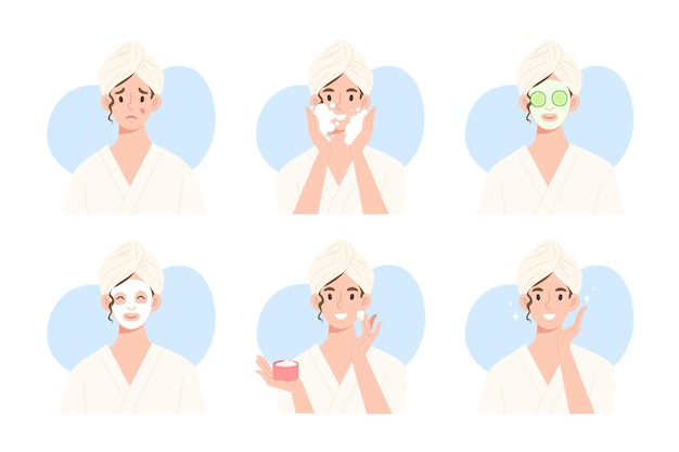 Vector bundle of young female showing various facial skin treatment skin care routine procedure