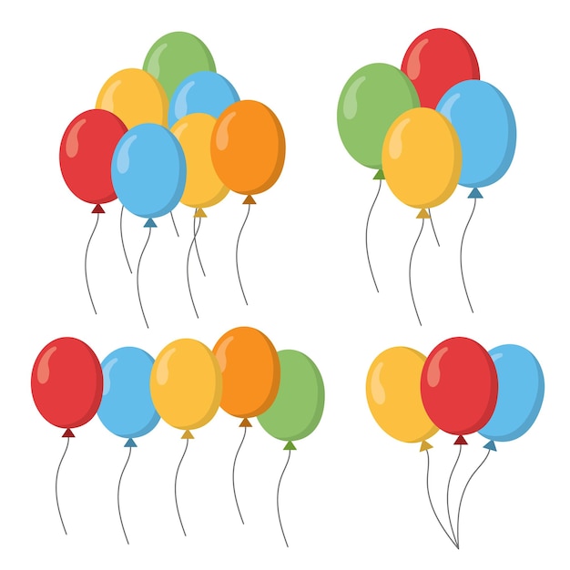 Bundles of childrens flying balloons red blue yellow green orange balloons vector simple flat cartoon baloons