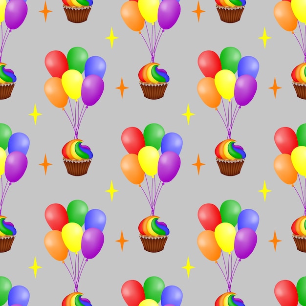 Bundles of colorful balloons stars and rainbow cupcakes on a gray background