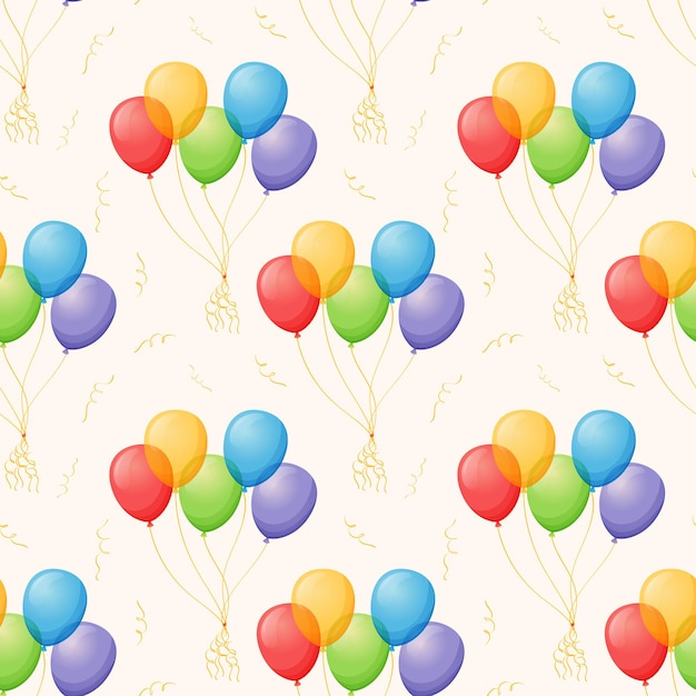 Bundles of colorful flying balloons Vector cartoon seamless pattern