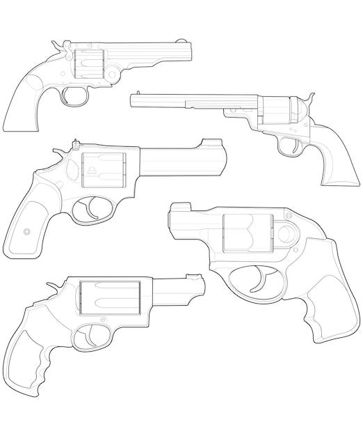 Vettore set di bundling di revolver con stile line art pistola da tiro illustrazione dell'arma pistola a linea vettoriale