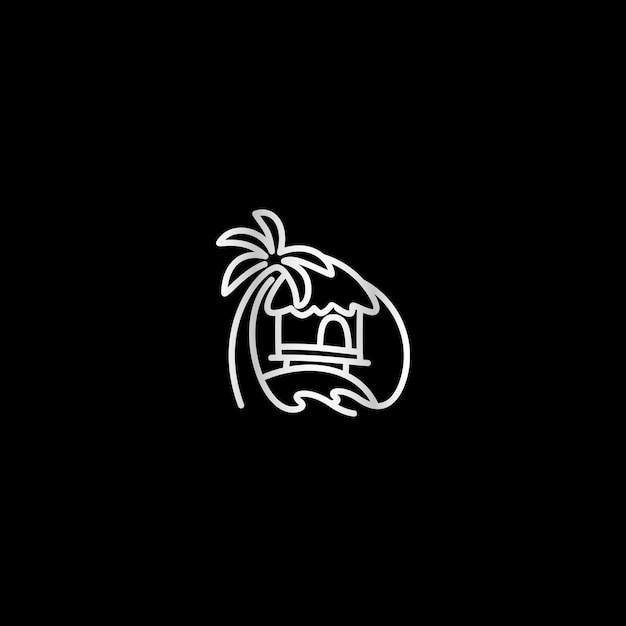 Бунгало пляжный домик с пальмой Векторный ландшафтный эскиз для логотипа значков